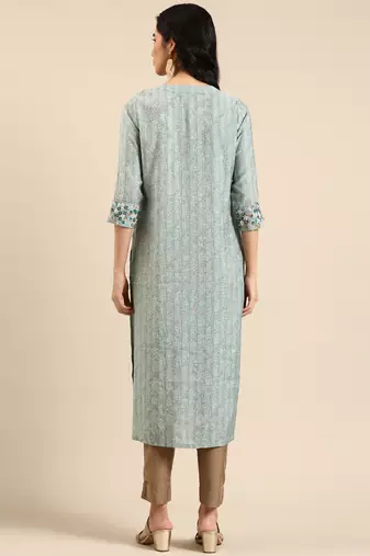 Showoff women's calf length round neck teal abstract straight kurta