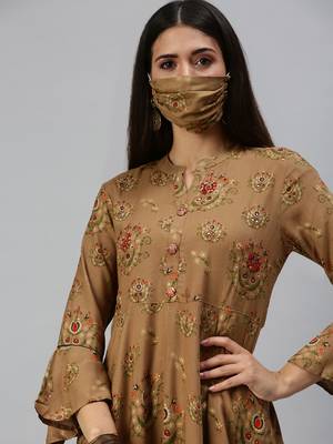 women's calf length mandarin collar brown ethnic motifs anarkali kurta 1