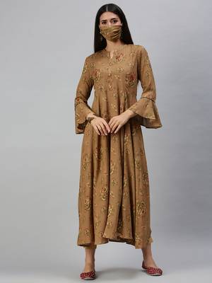 women's calf length mandarin collar brown ethnic motifs anarkali kurta 2