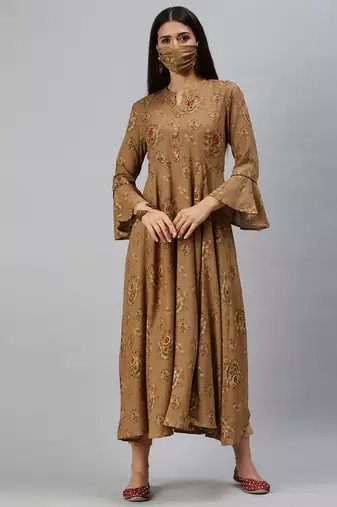 women's calf length mandarin collar brown ethnic motifs anarkali kurta