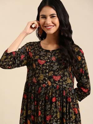 women's ankle length round neck black floral anarkali kurta 1