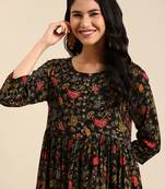 women's ankle length round neck black floral anarkali kurta