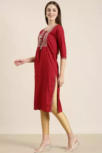 Showoff women's calf length tie-up neck red floral straight kurta