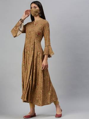women's calf length mandarin collar brown ethnic motifs anarkali kurta 3