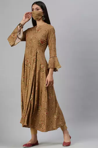 women's calf length mandarin collar brown ethnic motifs anarkali kurta
