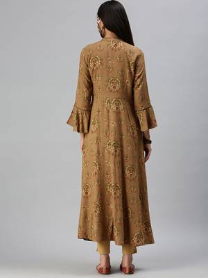 women's calf length mandarin collar brown ethnic motifs anarkali kurta 4