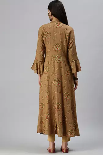 women's calf length mandarin collar brown ethnic motifs anarkali kurta