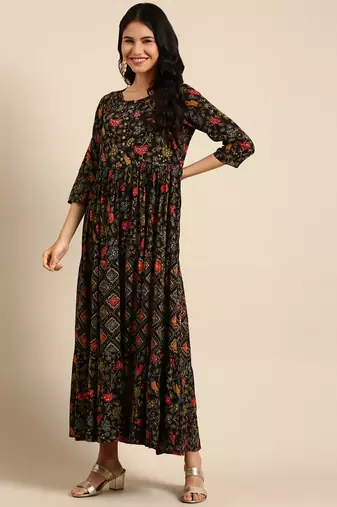 women's ankle length round neck black floral anarkali kurta