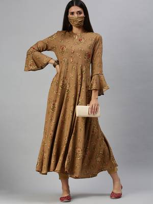 women's calf length mandarin collar brown ethnic motifs anarkali kurta 5