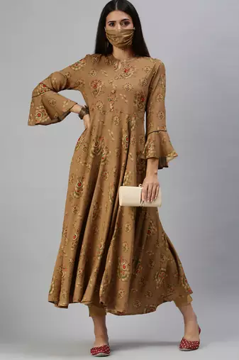 women's calf length mandarin collar brown ethnic motifs anarkali kurta