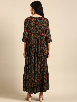 women's ankle length round neck black floral anarkali kurta 4