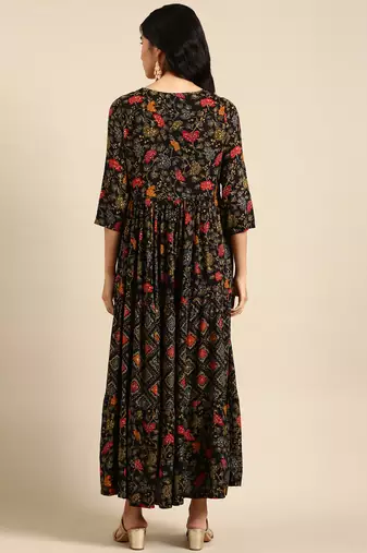 women's ankle length round neck black floral anarkali kurta