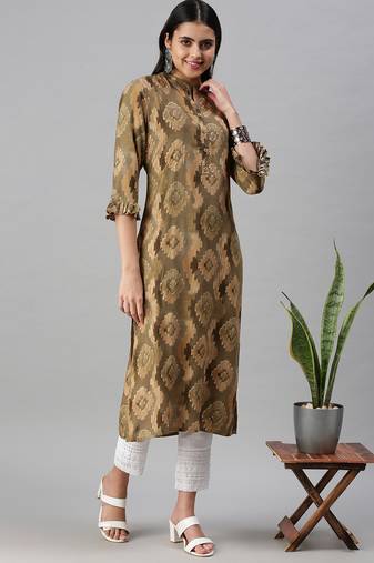 women's calf length mandarin collar olive abstract straight kurta