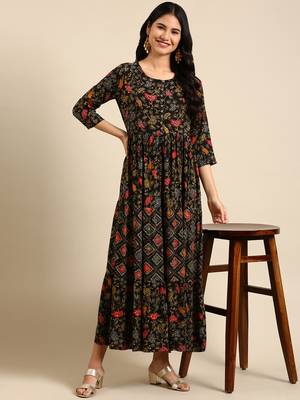 women's ankle length round neck black floral anarkali kurta 5
