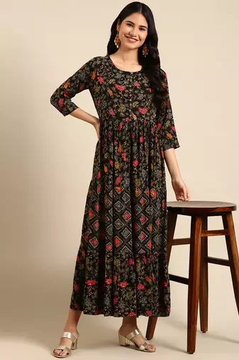 women's ankle length round neck black floral anarkali kurta