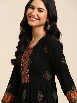 women's ankle length round neck black ethnic motifs anarkali kurta 1