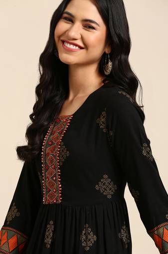 women's ankle length round neck black ethnic motifs anarkali kurta