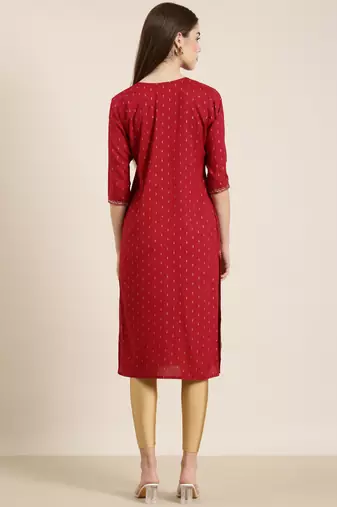 Showoff women's calf length tie-up neck red floral straight kurta
