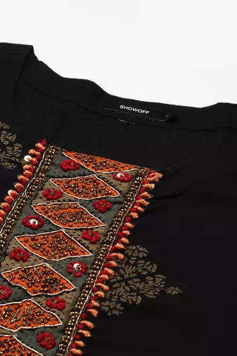 women's ankle length round neck black ethnic motifs anarkali kurta