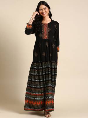 women's ankle length round neck black ethnic motifs anarkali kurta 4