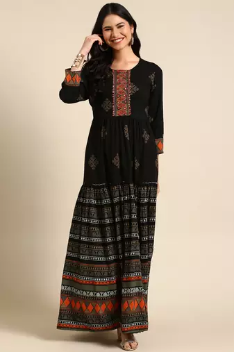 women's ankle length round neck black ethnic motifs anarkali kurta
