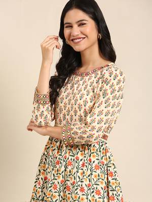 Showoff women's ankle length round neck beige floral anarkali kurta 1