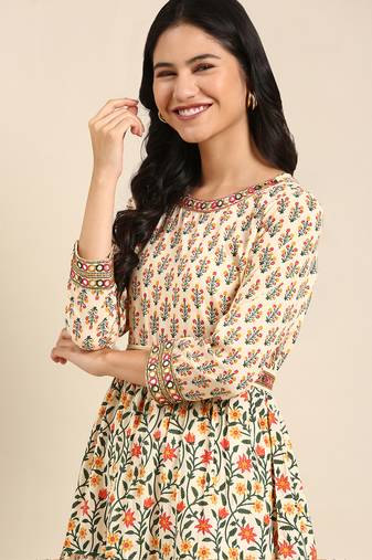 Showoff women's ankle length round neck beige floral anarkali kurta