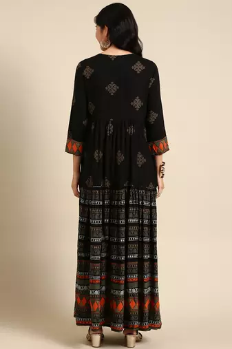 women's ankle length round neck black ethnic motifs anarkali kurta