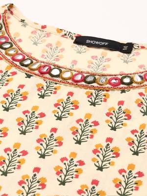 Showoff women's ankle length round neck beige floral anarkali kurta 2