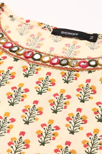 Showoff women's ankle length round neck beige floral anarkali kurta
