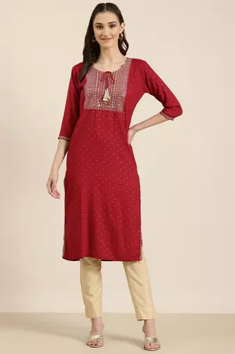 Showoff women's knee length tie-up neck maroon floral straight kurta