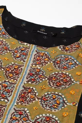 women's calf length round neck black ethnic motifs anarkali kurta