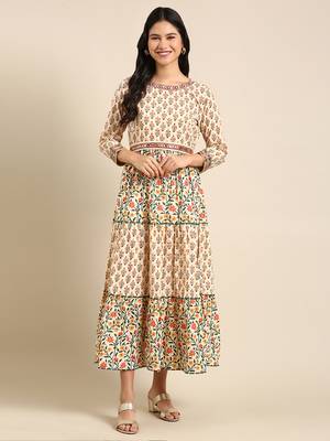 Showoff women's ankle length round neck beige floral anarkali kurta 4