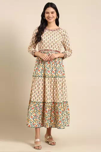 Showoff women's ankle length round neck beige floral anarkali kurta