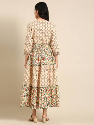 Showoff women's ankle length round neck beige floral anarkali kurta 5