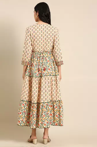 Showoff women's ankle length round neck beige floral anarkali kurta
