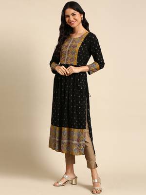 women's calf length round neck black ethnic motifs anarkali kurta 4