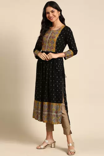 women's calf length round neck black ethnic motifs anarkali kurta