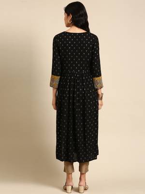 women's calf length round neck black ethnic motifs anarkali kurta 5