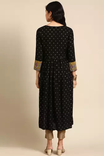 women's calf length round neck black ethnic motifs anarkali kurta