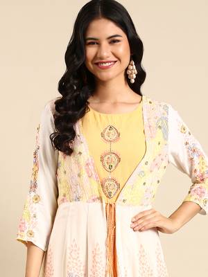 women's ankle length round neck yellow ethnic motifs anarkali kurta 1