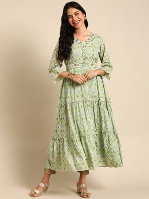 women's calf length v-neck green solid anarkali kurta 4