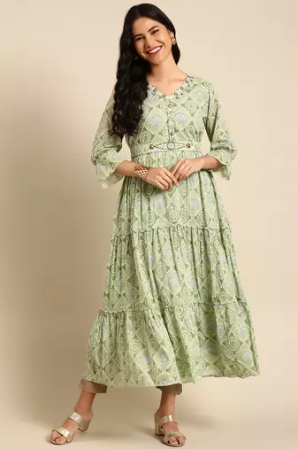 women's calf length v-neck green solid anarkali kurta