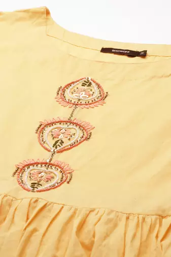 women's ankle length round neck yellow ethnic motifs anarkali kurta