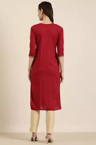 Showoff women's knee length tie-up neck maroon floral straight kurta