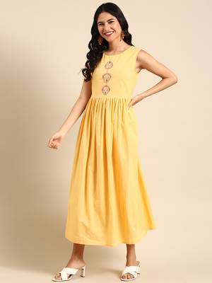 women's ankle length round neck yellow ethnic motifs anarkali kurta 5