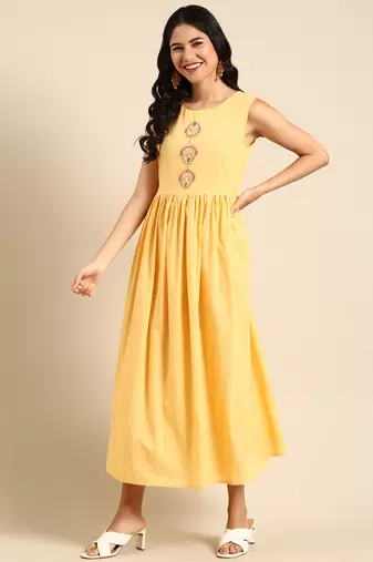 women's ankle length round neck yellow ethnic motifs anarkali kurta
