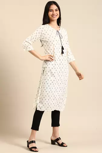 Showoff women's calf length round neck cream abstract straight kurta