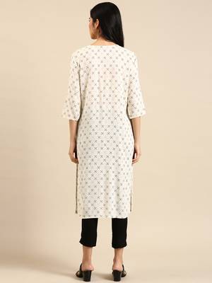 Showoff women's calf length round neck cream abstract straight kurta 4