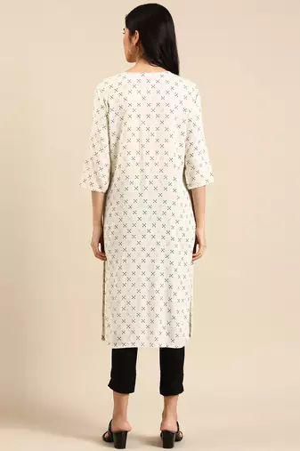 Showoff women's calf length round neck cream abstract straight kurta